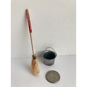 Vintage Dollhouse Colonial Days Cottage Tin Bucket & Old Worn Broom Miniatures